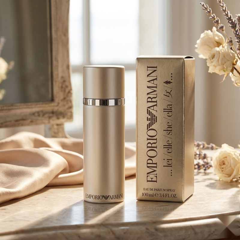 "Emporio Armani SHE / ELLE EDP Spray Women 3.4oz / 100ml perfume bottle and matching beige box.