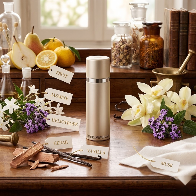"Emporio Armani SHE / ELLE EDP perfume bottle displayed with jasmine, flowers and decorative fragrance ingredients."