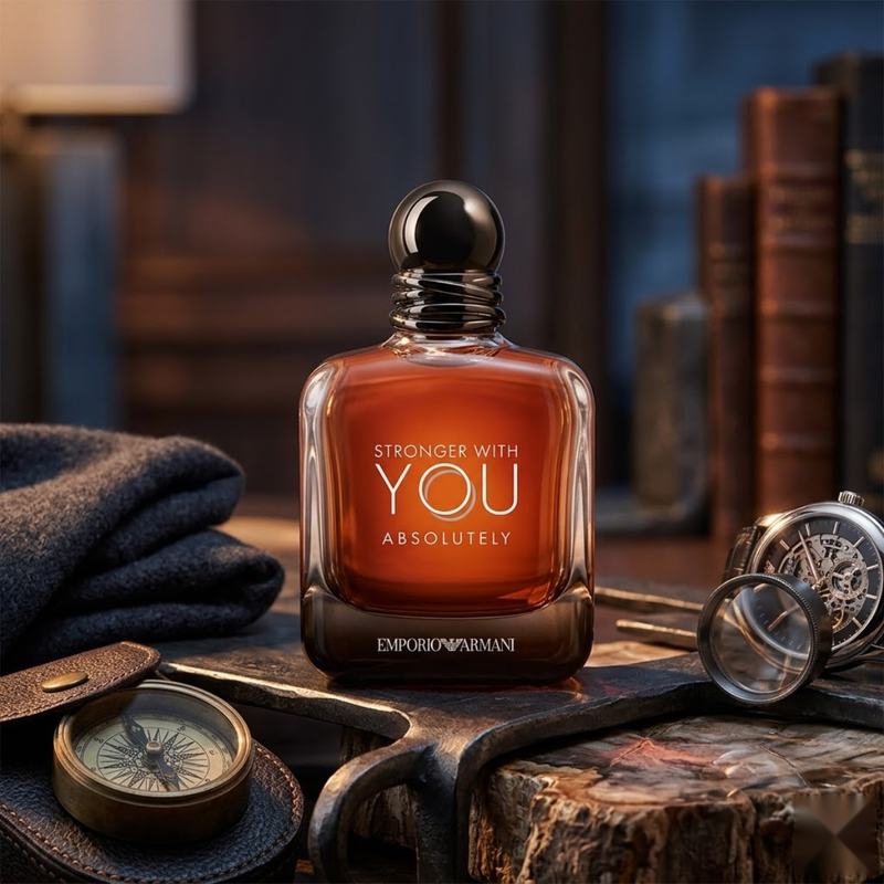 "Emporio Armani STRONGER WITH YOU ABSOLUTELY Parfum Spray 1.7oz / 50ml perfume bottle displayed in an elegant dark decorative setting."