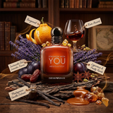 "Emporio Armani STRONGER WITH YOU ABSOLUTELY perfume bottle displayed with orange, spices, vanilla and decorative fragrance ingredients."