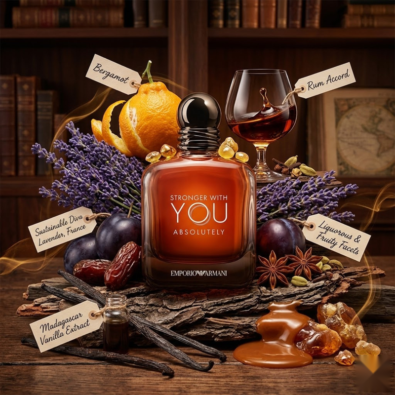 "Emporio Armani STRONGER WITH YOU ABSOLUTELY perfume bottle displayed with orange, spices, vanilla and decorative fragrance ingredients."