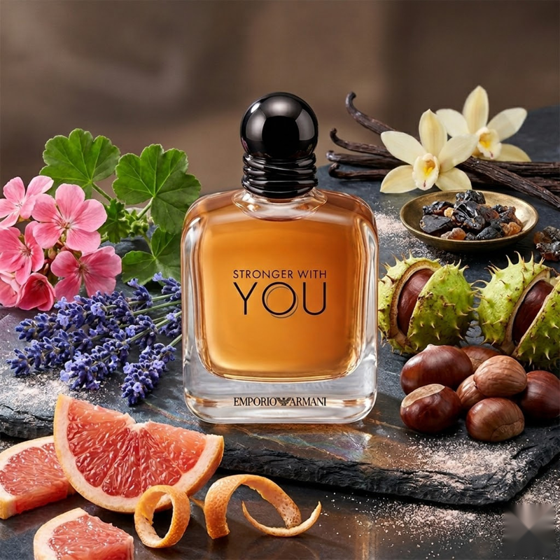 "Emporio Armani Stronger With You Only perfume bottle displayed with grapefruit, chestnut, flowers and decorative fragrance ingredients."