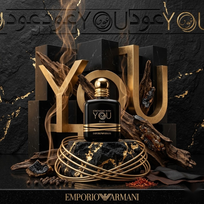 "Emporio Armani Stronger With You Oud Exclusive Edition EDP Spray 1.7oz / 50ml perfume bottle displayed in an elegant decorative setting."