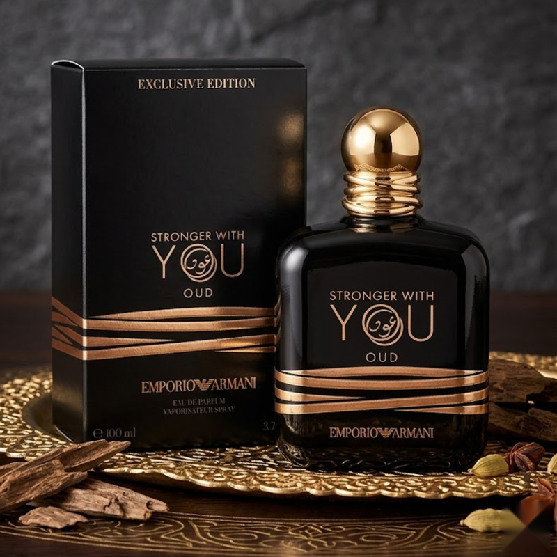 "Emporio Armani Stronger With You Oud Exclusive Edition EDP Spray 1.7oz / 50ml perfume bottle and matching black box."