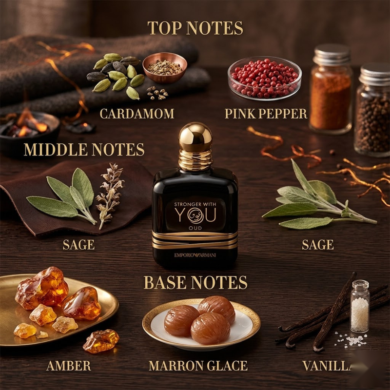 "Emporio Armani Stronger With You Oud Exclusive Edition perfume bottle displayed with spices, amber and decorative fragrance ingredients."