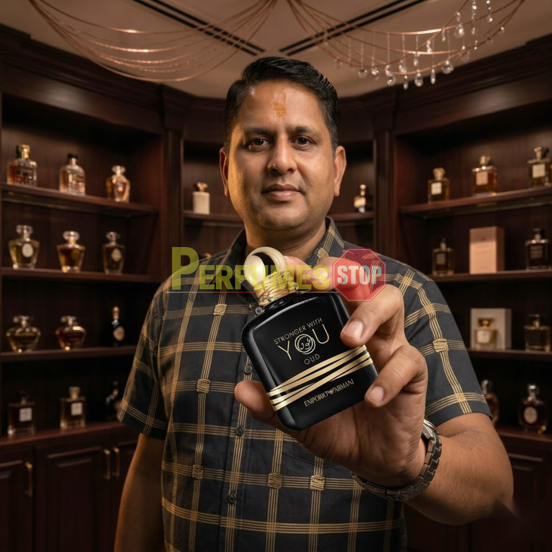 "Perfumes Stop owner holding a bottle of Emporio Armani Stronger With You Oud Exclusive Edition EDP Spray 1.7oz / 50ml."