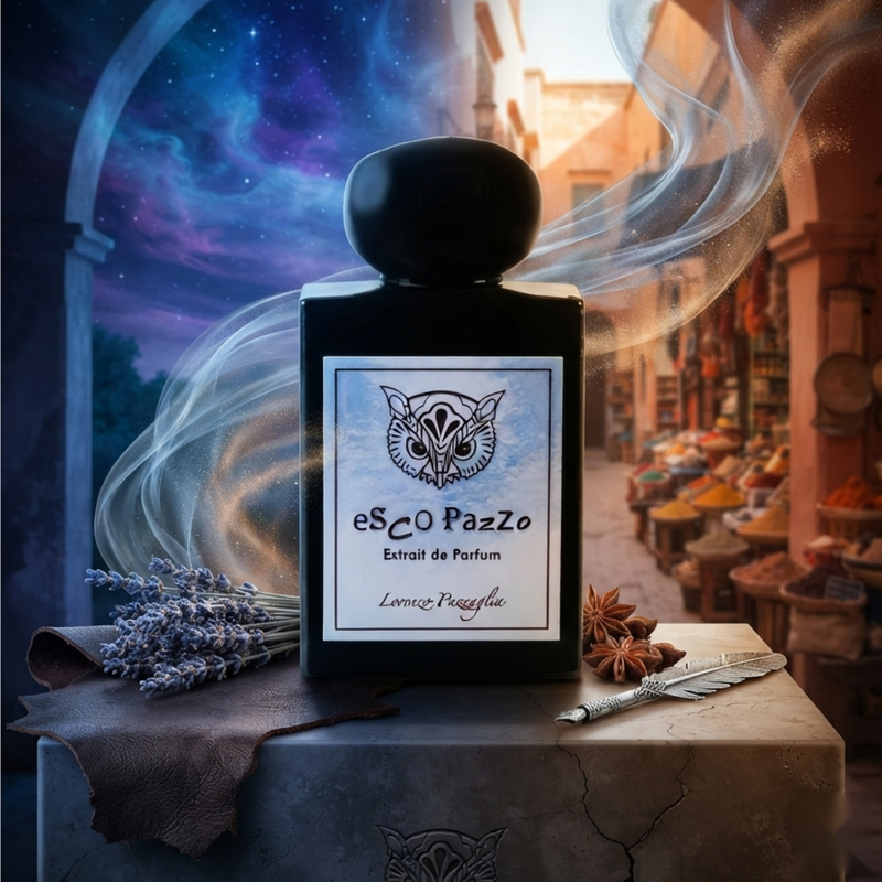 "An Esco Pazzo perfume bottle with a black cap and white label, set against a dramatic blue and purple background with soft lighting."