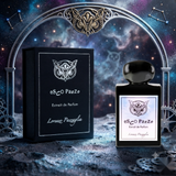 "A bottle of Esco Pazzo Extrait de Parfum with its matching black packaging box, set against a dramatic cosmic background with soft lighting."