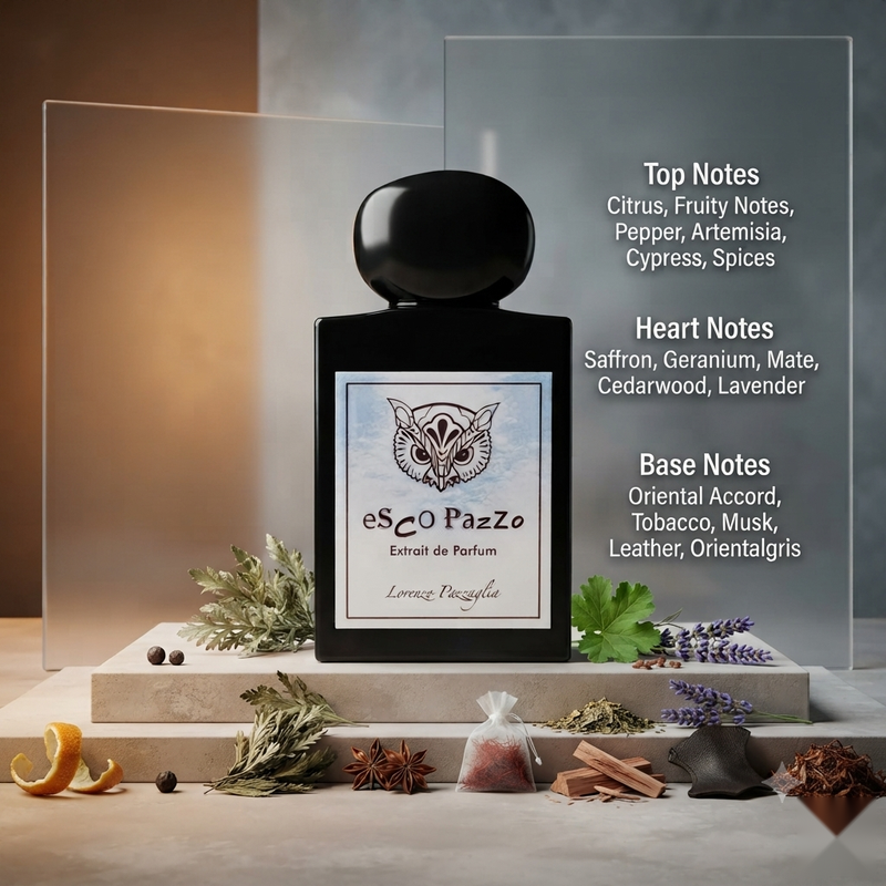 "A perfume bottle labeled 'Esco Pazzo' by Lorenzo Pazzaglia, styled with citrus, fruity notes, pepper, saffron, geranium, and other fragrance ingredients against a soft, elegant background."