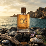 "Giorgio Armani Acqua di Gio Arsol EDP perfume bottle displayed in a coastal setting."