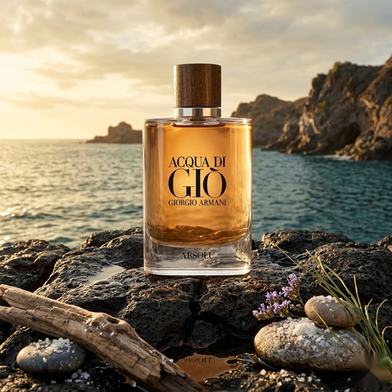 "Giorgio Armani Acqua di Gio Arsol EDP perfume bottle displayed in a coastal setting."