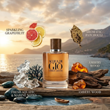 "Giorgio Armani Acqua di Gio Arsol EDP perfume bottle displayed with grapefruit, patchouli and decorative fragrance ingredients."