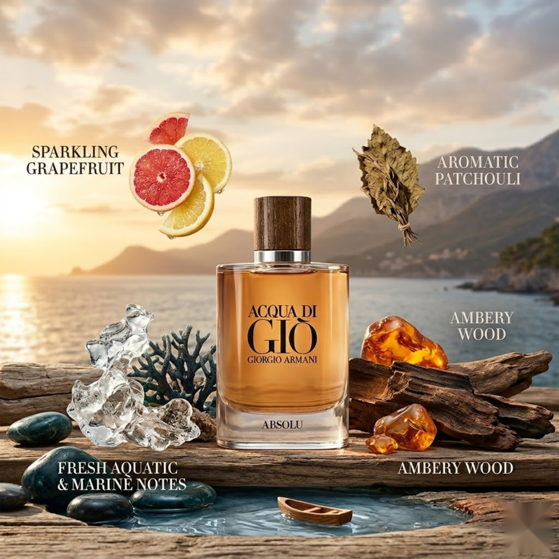 "Giorgio Armani Acqua di Gio Arsol EDP perfume bottle displayed with grapefruit, patchouli and decorative fragrance ingredients."