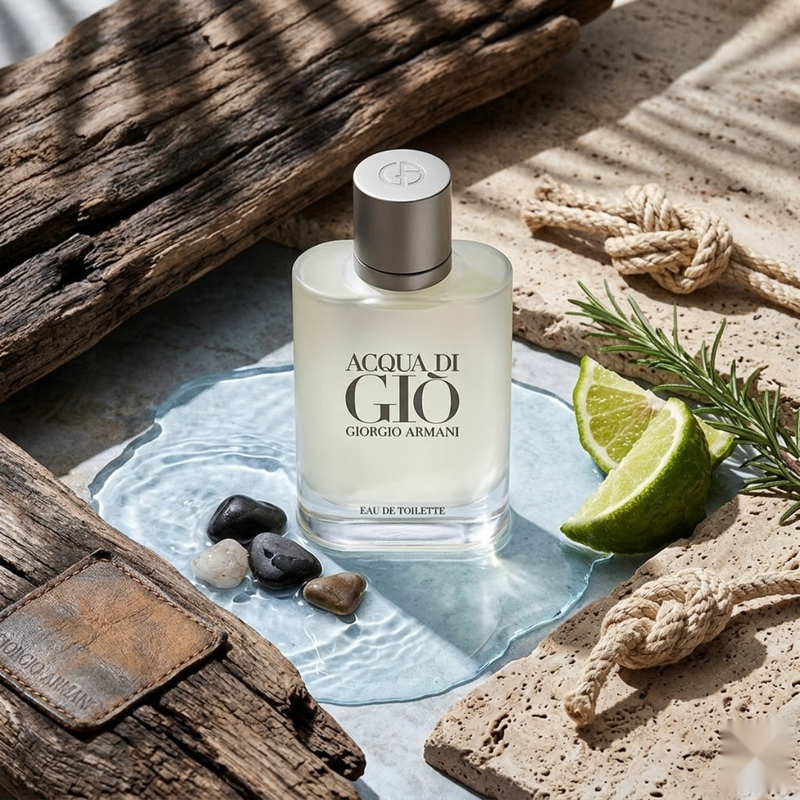 "Giorgio Armani Acqua di Gio EDT Spray 3.4oz / 100ml perfume bottle displayed with citrus fruits and natural decorative elements."