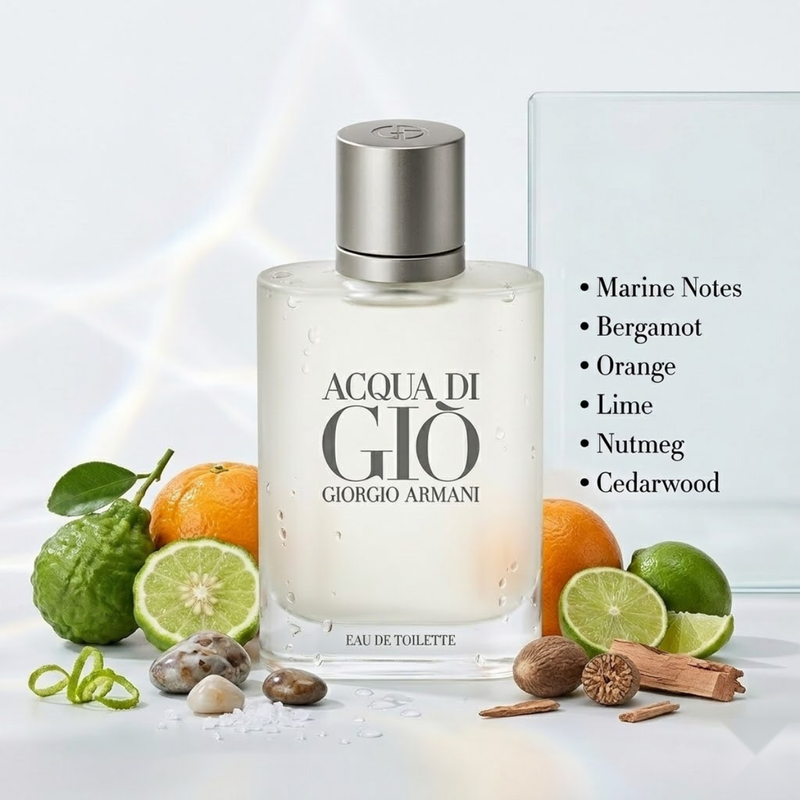 "Giorgio Armani Acqua di Gio EDT perfume bottle displayed with citrus fruits, lime and marine-inspired fragrance ingredients."