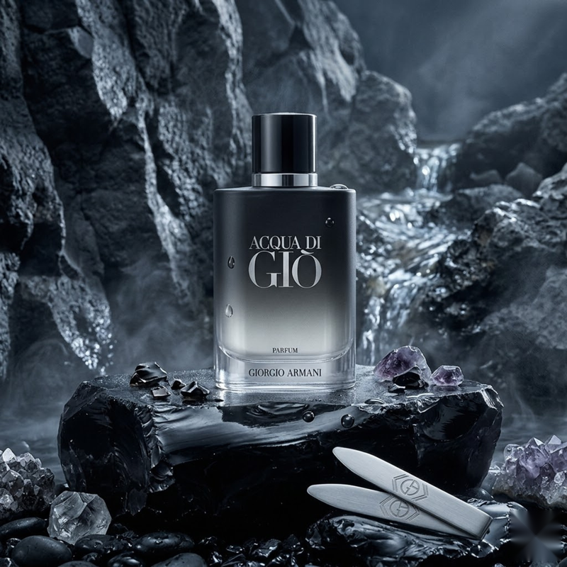 Giorgio Armani Acqua di Gio Parfum Spray Refillable 2.5oz / 75ml perfume bottle displayed in a dark, smoky setting."