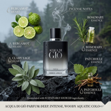 "Giorgio Armani Acqua di Gio Parfum Refillable perfume bottle displayed with bergamot, rosemary, clary sage and decorative fragrance ingredients."