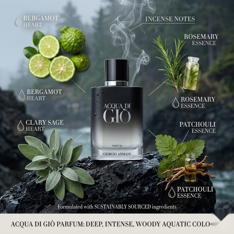 "Giorgio Armani Acqua di Gio Parfum Refillable perfume bottle displayed with bergamot, rosemary, clary sage and decorative fragrance ingredients."