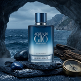 "Giorgio Armani Acqua di Gio Profondo EDP Spray 4.2oz / 125ml perfume bottle displayed in a blue ocean-inspired setting."