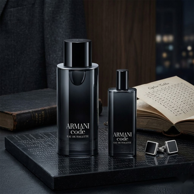 "Giorgio Armani Armani Code 2pcs Set EDT Spray (4.2oz + 0.5oz) perfume bottles displayed in a dark decorative setting."