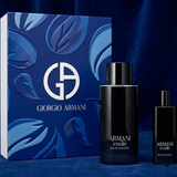"Giorgio Armani Armani Code 2pcs Set EDT Spray (4.2oz + 0.5oz) perfume gift set with matching blue box and two bottles."