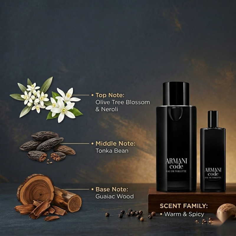 "Giorgio Armani Armani Code perfume gift set displayed with olive flowers, tonka bean and decorative fragrance ingredients."