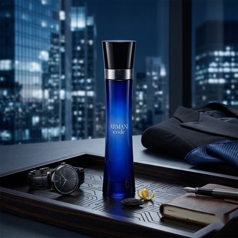 "Giorgio Armani Armani Code EDP Spray 2.0oz / 60ml perfume bottle displayed in a dark blue decorative setting."