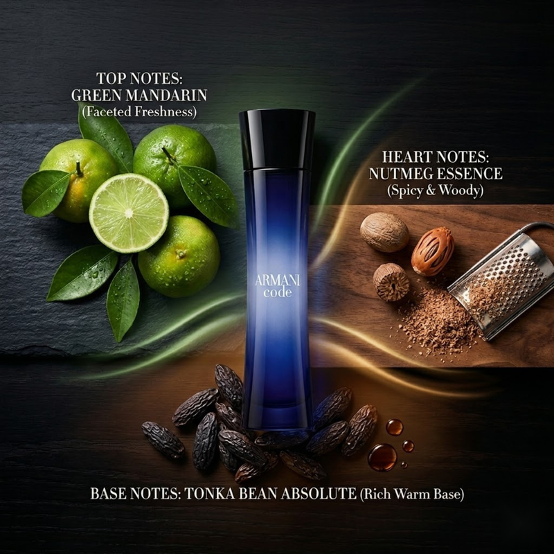 "Giorgio Armani Armani Code EDP perfume bottle displayed with green mandarin, nutmeg and decorative fragrance ingredients."