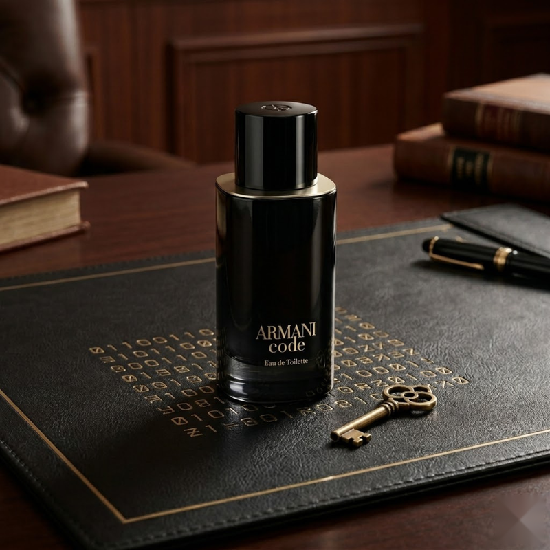"Giorgio Armani Code EDT Refillable Spray for Men perfume bottle displayed on a black decorative setting."