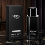 "Giorgio Armani Code EDT Refillable Spray for Men perfume bottle and matching black box."