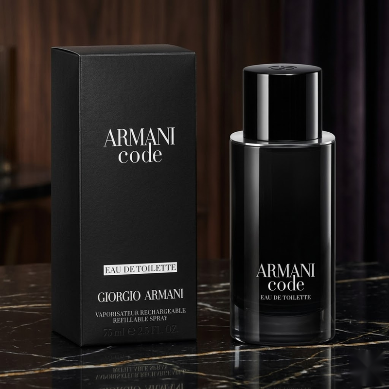 "Giorgio Armani Code EDT Refillable Spray for Men perfume bottle and matching black box."
