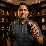"Perfumes Stop owner holding a bottle of Giorgio Armani Code EDT Refillable Spray for Men."
