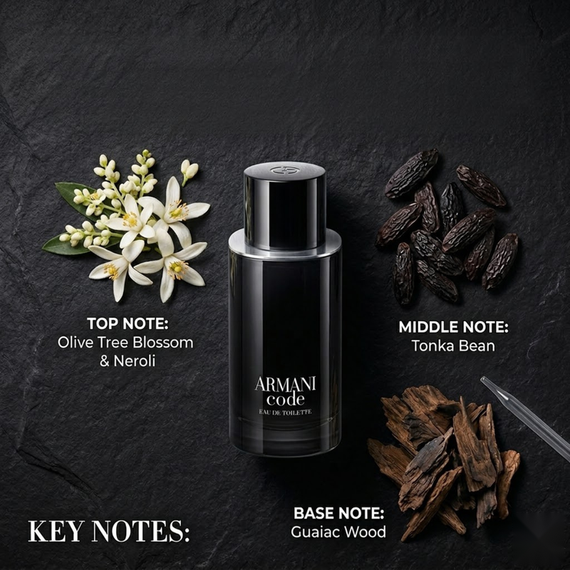 "Giorgio Armani Code EDT perfume bottle displayed with olive flowers, citrus fruits and decorative fragrance ingredients."