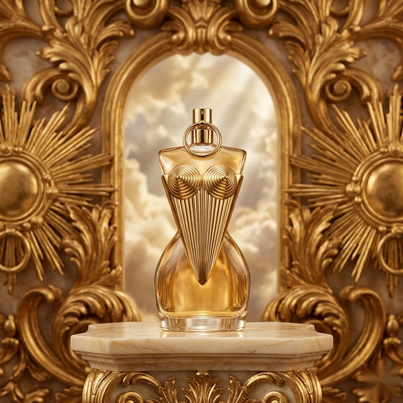"Jean Paul Gaultier DIVINE GAULTIER EDP Refillable Spray 3.4oz / 100ml perfume bottle displayed in an ornate gold decorative setting."