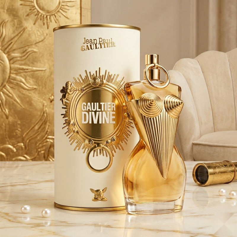 "Jean Paul Gaultier DIVINE GAULTIER EDP Refillable Spray 3.4oz / 100ml perfume bottle and matching white box with gold detailing."