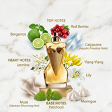 "Jean Paul Gaultier DIVINE GAULTIER perfume bottle displayed with citrus fruits, flowers and decorative fragrance ingredients."
