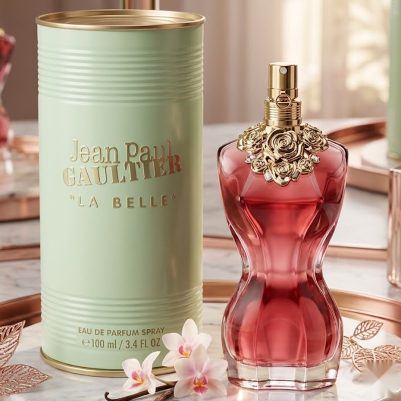 "Jean Paul Gaultier La Belle EDP Spray 3.4oz / 100ml pink perfume bottle and matching pale green cylindrical box."