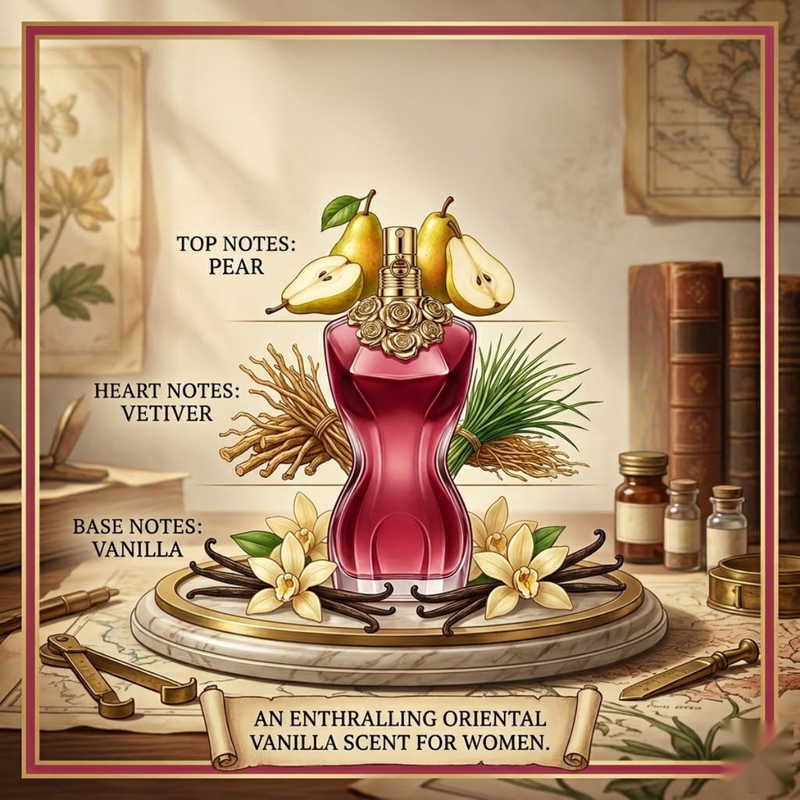 "Jean Paul Gaultier La Belle perfume bottle displayed with fruits, flowers and decorative fragrance ingredients."