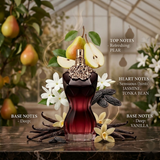 "A perfume bottle labeled 'La Belle Le Parfum' by Jean Paul Gaultier, styled with pear, jasmine, tonka bean, and vanilla against an elegant floral background with soft natural lighting."
