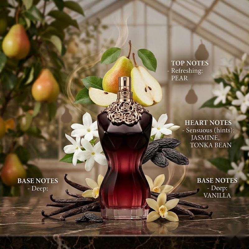 "A perfume bottle labeled 'La Belle Le Parfum' by Jean Paul Gaultier, styled with pear, jasmine, tonka bean, and vanilla against an elegant floral background with soft natural lighting."