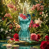 "Jean Paul Gaultier La Belle Paradise Garden EDP Spray 3.4oz / 100ml turquoise perfume bottle displayed with flowers in a garden setting."