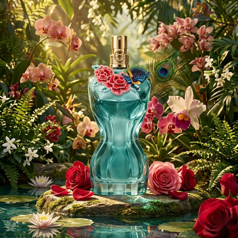 "Jean Paul Gaultier La Belle Paradise Garden EDP Spray 3.4oz / 100ml turquoise perfume bottle displayed with flowers in a garden setting."