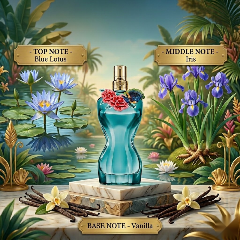 "Jean Paul Gaultier La Belle Paradise Garden perfume bottle displayed with blue lotus flowers and decorative fragrance ingredients."