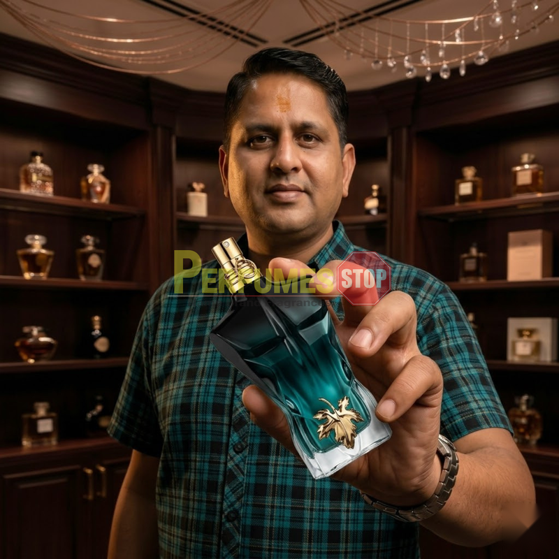 "Perfumes Stop owner holding a bottle of Jean Paul Gaultier Le Beau Le Parfum EDP Intense Spray 4.2oz / 125ml."