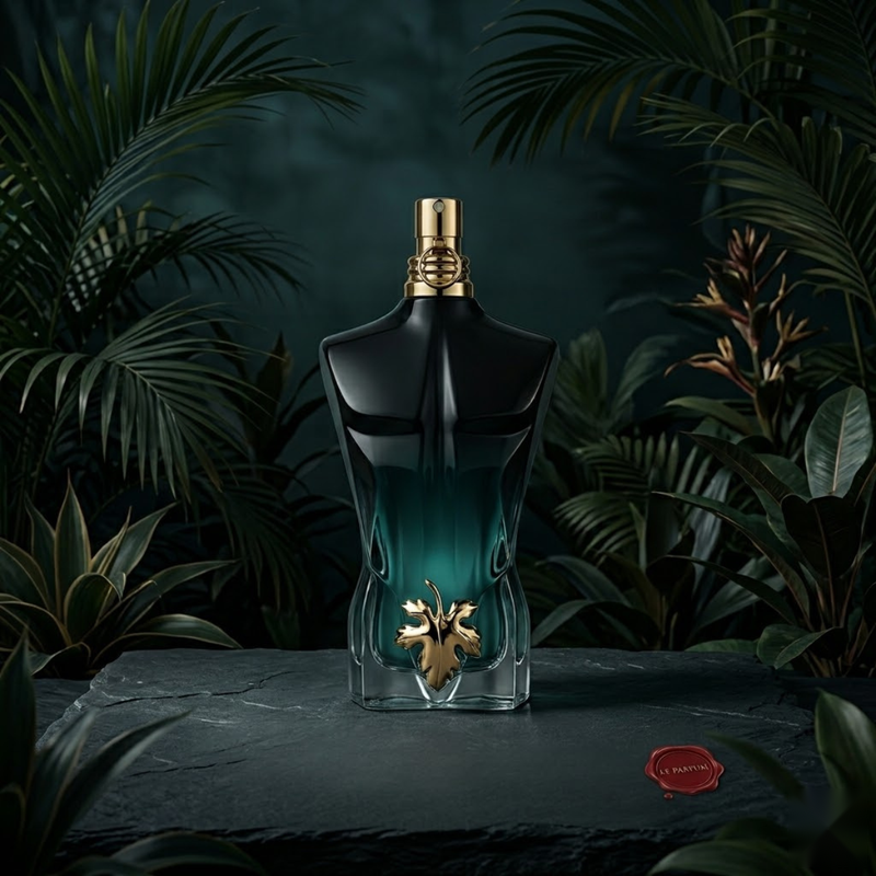 "Jean Paul Gaultier Le Beau Le Parfum EDP Intense perfume bottle displayed in a dark green decorative setting."