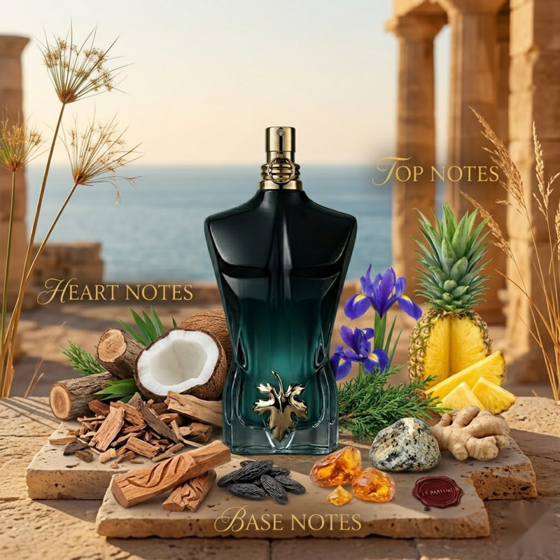 "Jean Paul Gaultier Le Beau Le Parfum perfume bottle displayed with flowers, fruits and decorative fragrance ingredients."