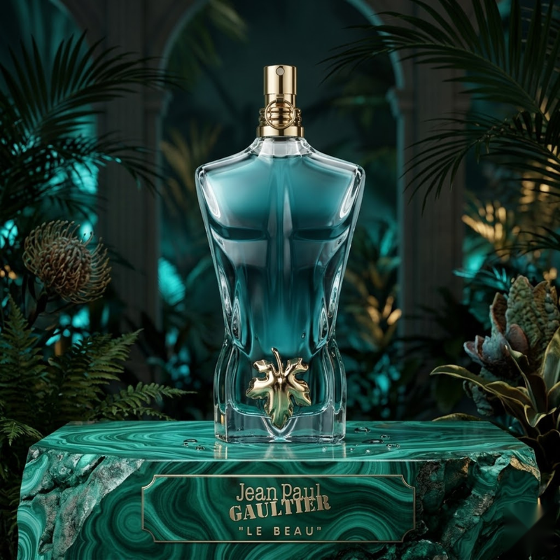 "Jean Paul Gaultier Le Beau perfume bottle displayed in a dark green decorative setting."