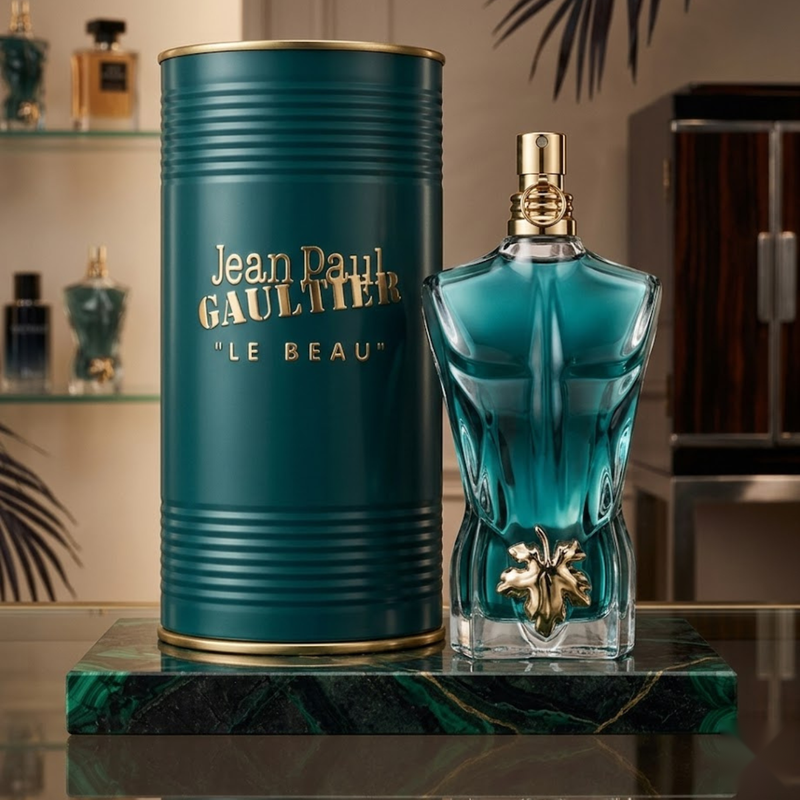 "Jean Paul Gaultier Le Beau Spray for Men perfume bottle and matching green cylindrical box."