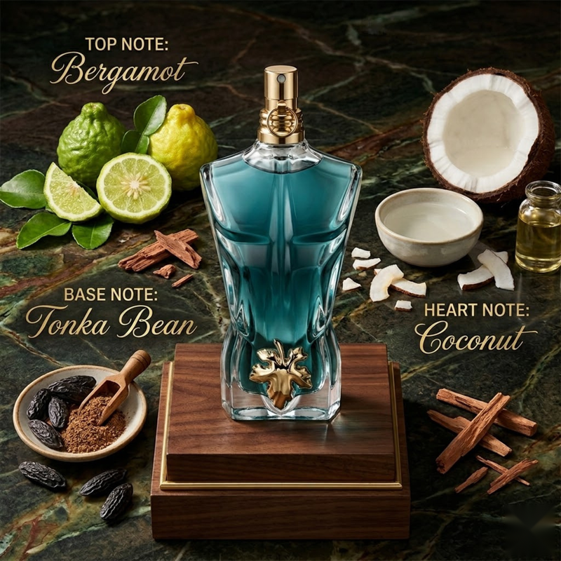 "Jean Paul Gaultier Le Beau perfume bottle displayed with citrus fruits, coconut and fragrance ingredients."