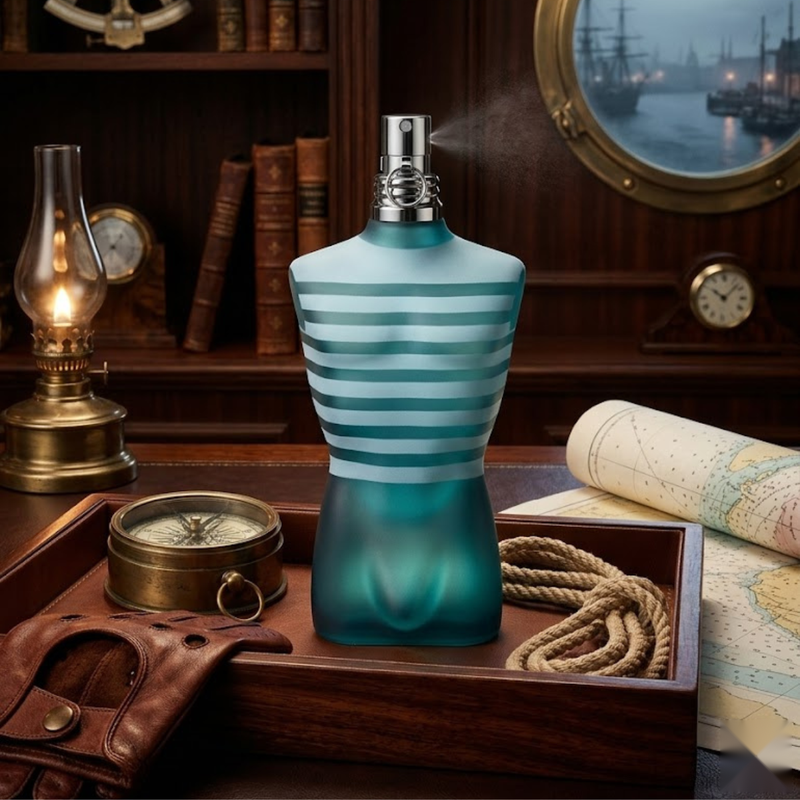 "Jean Paul Gaultier Le Male EDT Spray 4.2 oz / 125ml blue perfume bottle displayed with a silver cylindrical box and wooden accessories."